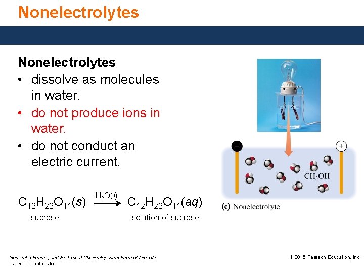 Nonelectrolytes • dissolve as molecules in water. • do not produce ions in water.