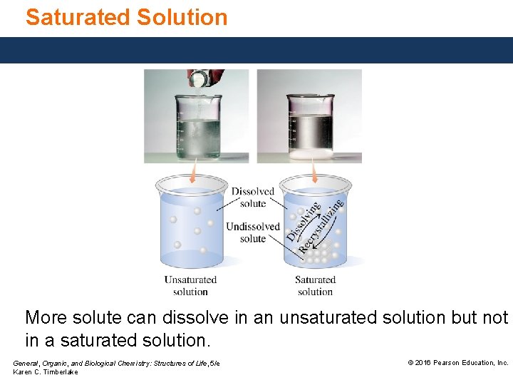 Saturated Solution More solute can dissolve in an unsaturated solution but not in a