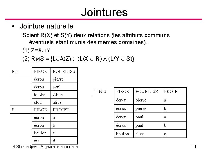 Jointures • Jointure naturelle Soient R(X) et S(Y) deux relations (les attributs communs éventuels