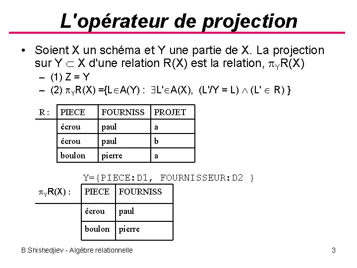 L'opérateur de projection • Soient X un schéma et Y une partie de X.