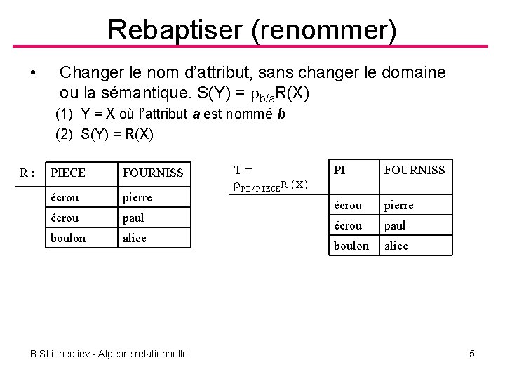 Rebaptiser (renommer) • Changer le nom d’attribut, sans changer le domaine ou la sémantique.