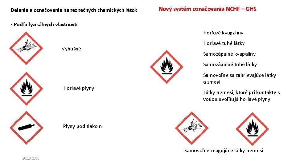 Delenie a označovanie nebezpečných chemických látok Nový systém označovania NCHF – GHS - Podľa Delenie a označovanie nebezpečných chemických látok Nový systém označovania NCHF – GHS - Podľa