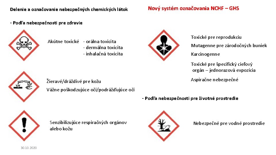 Delenie a označovanie nebezpečných chemických látok Nový systém označovania NCHF – GHS - Podľa Delenie a označovanie nebezpečných chemických látok Nový systém označovania NCHF – GHS - Podľa
