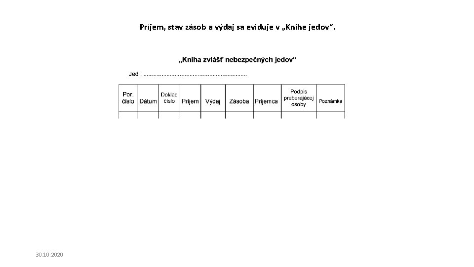 Príjem, stav zásob a výdaj sa eviduje v „Knihe jedov“. 30. 10. 2020 Príjem, stav zásob a výdaj sa eviduje v „Knihe jedov“. 30. 10. 2020