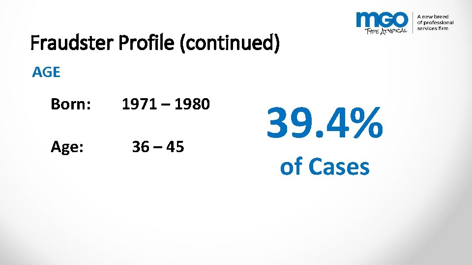 Fraudster Profile (continued) AGE Born: Age: 1971 – 1980 36 – 45 39. 4%