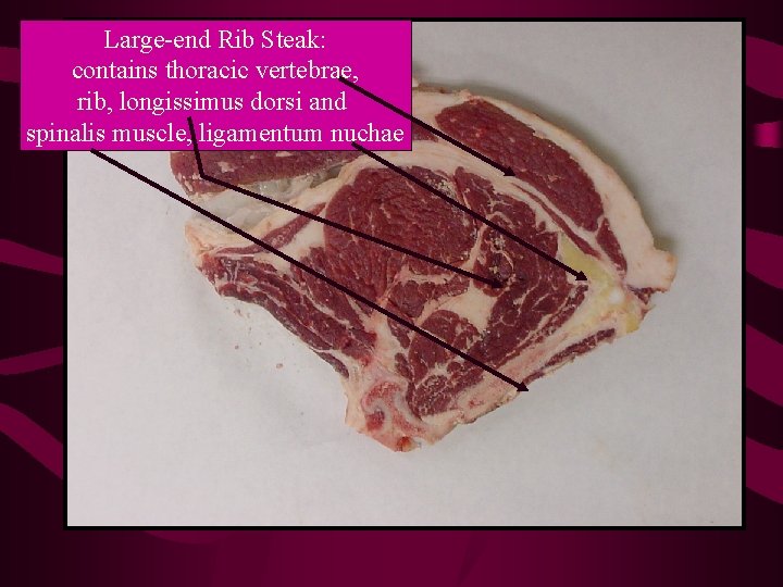 Large-end Rib Steak: contains thoracic vertebrae, rib, longissimus dorsi and spinalis muscle, ligamentum nuchae