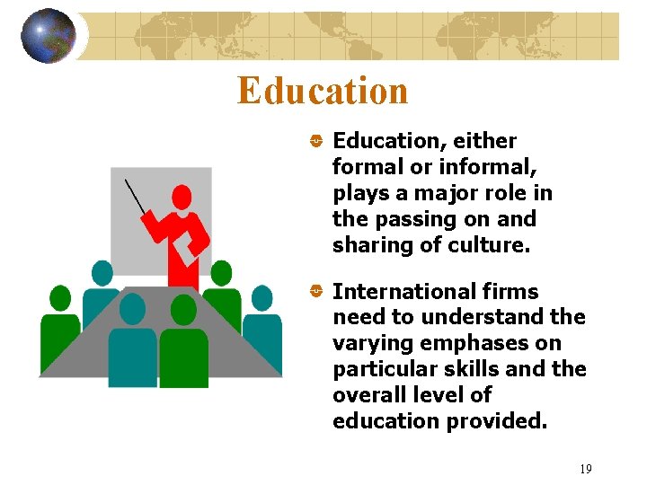 Education, either formal or informal, plays a major role in the passing on and