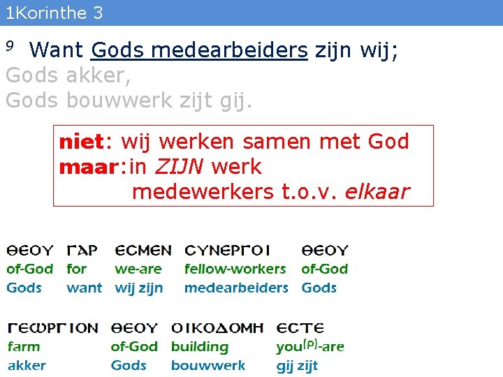 1 Korinthe 3 Want Gods medearbeiders zijn wij; Gods akker, Gods bouwwerk zijt gij.