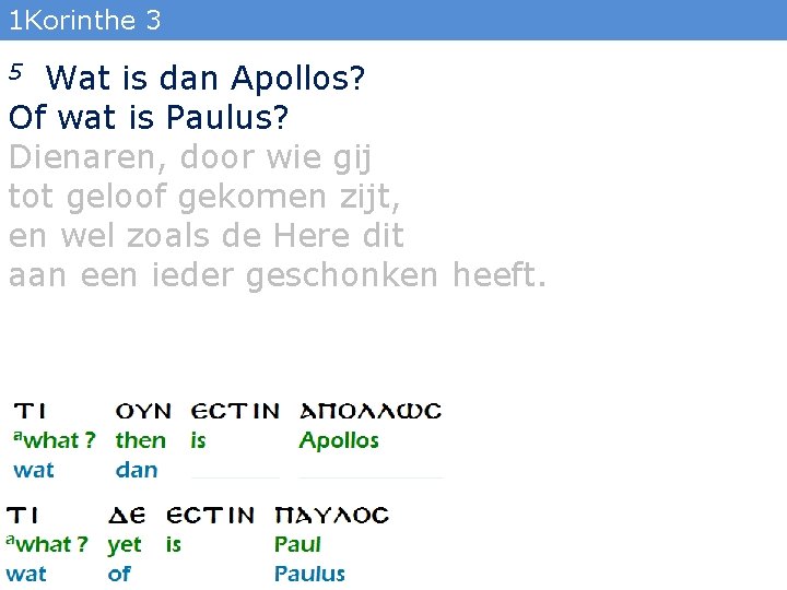 1 Korinthe 3 Wat is dan Apollos? Of wat is Paulus? Dienaren, door wie