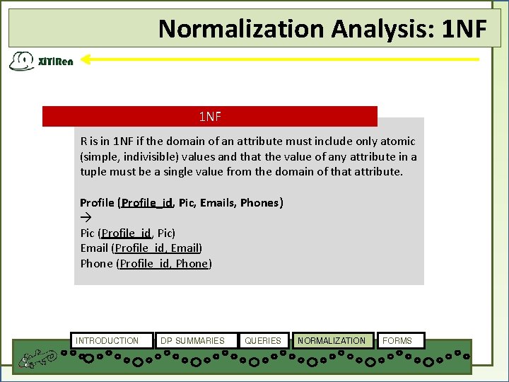 Normalization Analysis: 1 NF R is in 1 NF if the domain of an