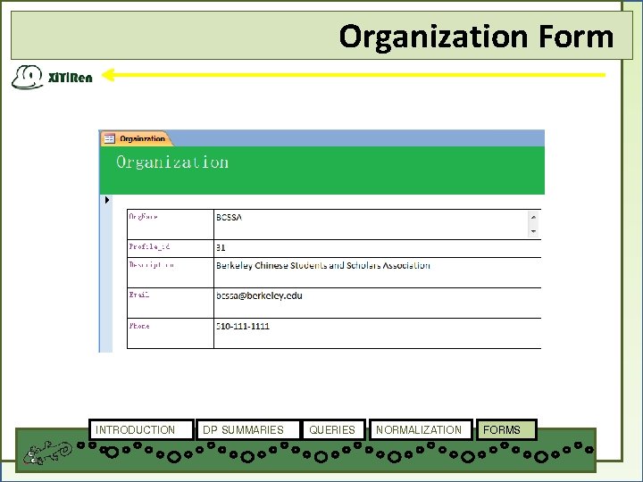 Organization Form INTRODUCTION DP SUMMARIES QUERIES NORMALIZATION FORMS 