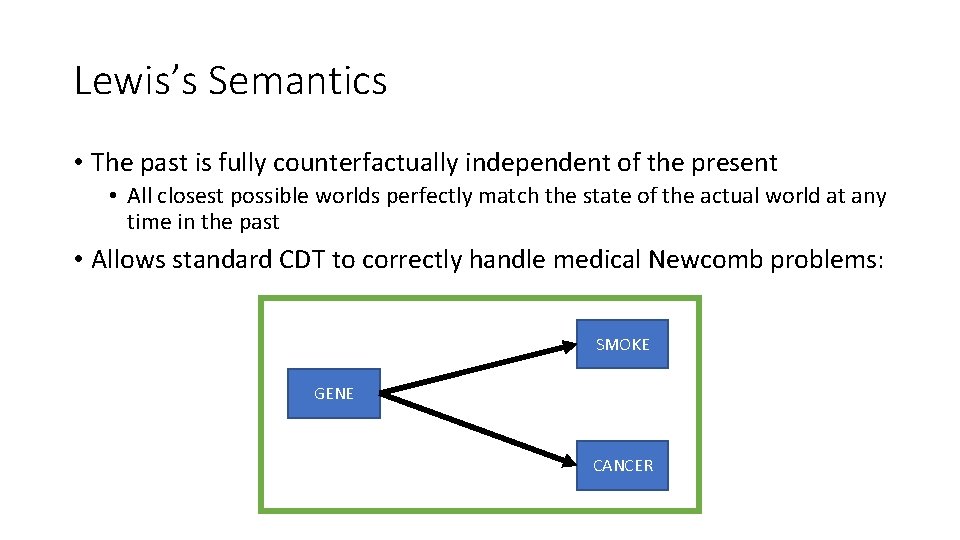 Lewis’s Semantics • The past is fully counterfactually independent of the present • All