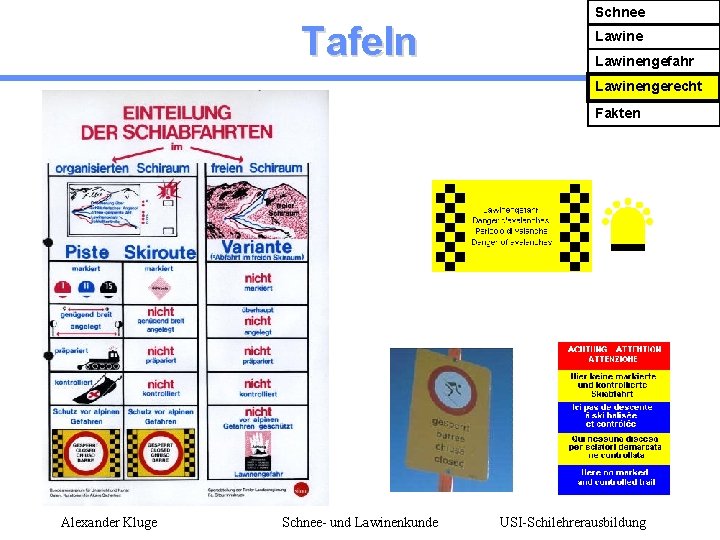 Tafeln Schnee Lawinengefahr Lawinengerecht Fakten Alexander Kluge Schnee- und Lawinenkunde USI-Schilehrerausbildung 