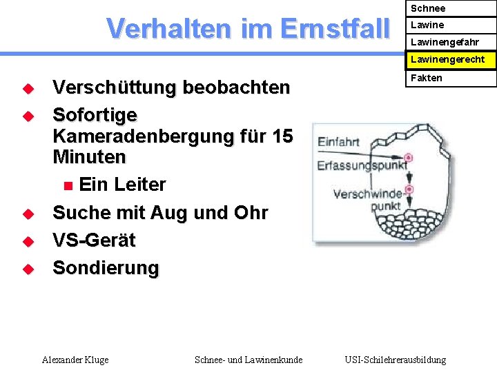 Verhalten im Ernstfall Schnee Lawinengefahr Lawinengerecht u u u Verschüttung beobachten Sofortige Kameradenbergung für