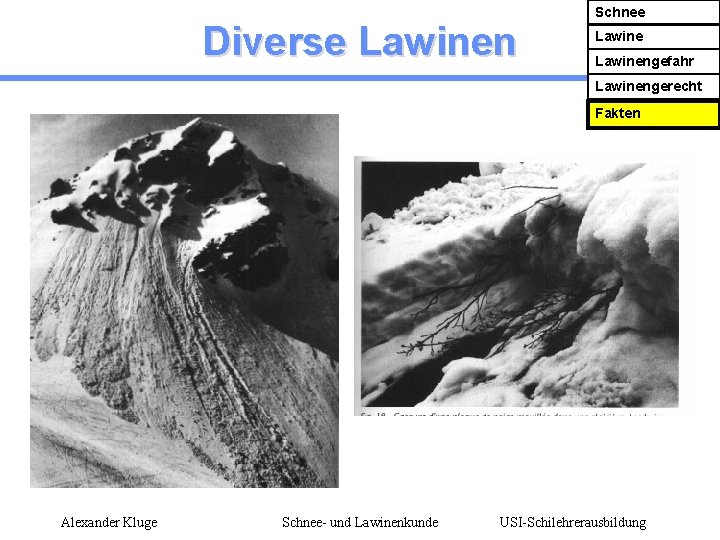 Diverse Lawinen Schnee Lawinengefahr Lawinengerecht Fakten Alexander Kluge Schnee- und Lawinenkunde USI-Schilehrerausbildung 