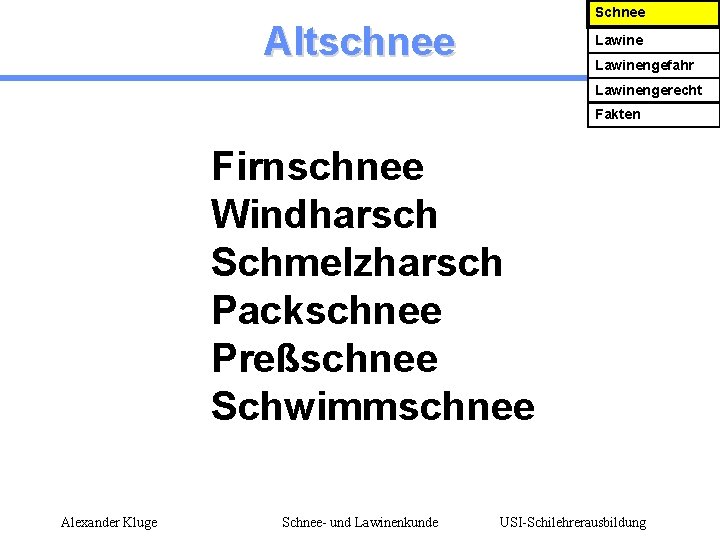 Schnee Altschnee Lawinengefahr Lawinengerecht Fakten Firnschnee Windharsch Schmelzharsch Packschnee Preßschnee Schwimmschnee Alexander Kluge Schnee-