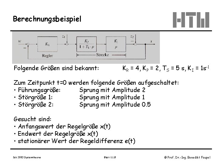 Berechnungsbeispiel Folgende Größen sind bekannt: KR = 4, KP = 2, TS = 5