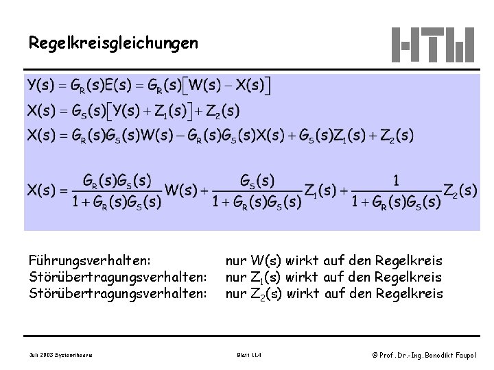 Regelkreisgleichungen Führungsverhalten: Störübertragungsverhalten: Juli 2003 Systemtheorie nur W(s) wirkt auf den Regelkreis nur Z