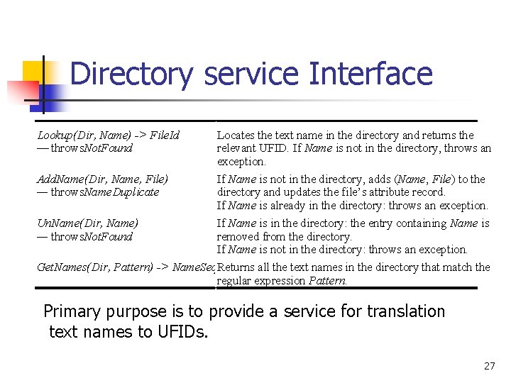 Directory service Interface Lookup(Dir, Name) -> File. Id — throws. Not. Found Locates the