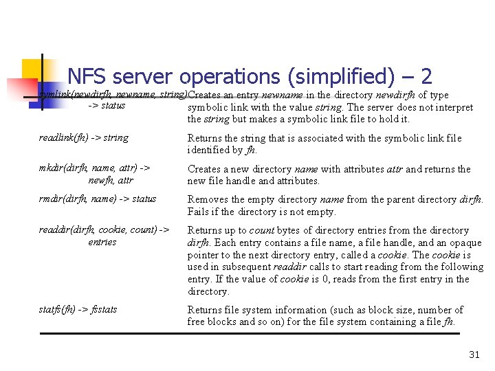 NFS server operations (simplified) – 2 symlink(newdirfh, newname, string)Creates an entry newname in the
