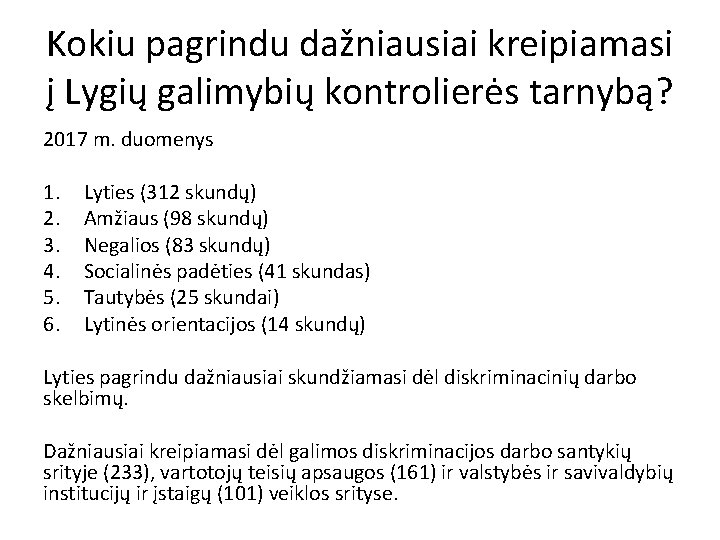 Kokiu pagrindu dažniausiai kreipiamasi į Lygių galimybių kontrolierės tarnybą? 2017 m. duomenys 1. 2.