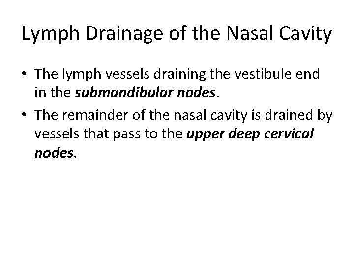 Lymph Drainage of the Nasal Cavity • The lymph vessels draining the vestibule end