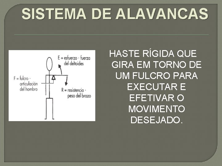 SISTEMA DE ALAVANCAS HASTE RÍGIDA QUE GIRA EM TORNO DE UM FULCRO PARA EXECUTAR