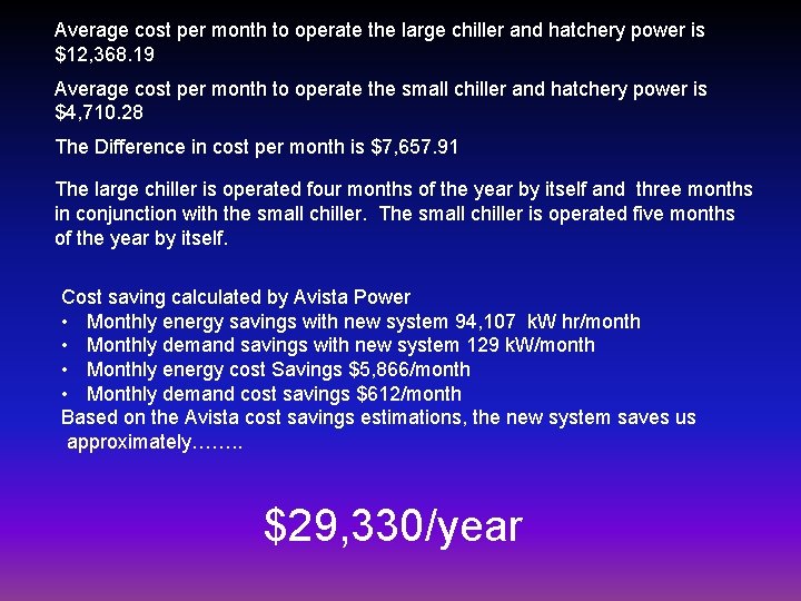 Average cost per month to operate the large chiller and hatchery power is $12,