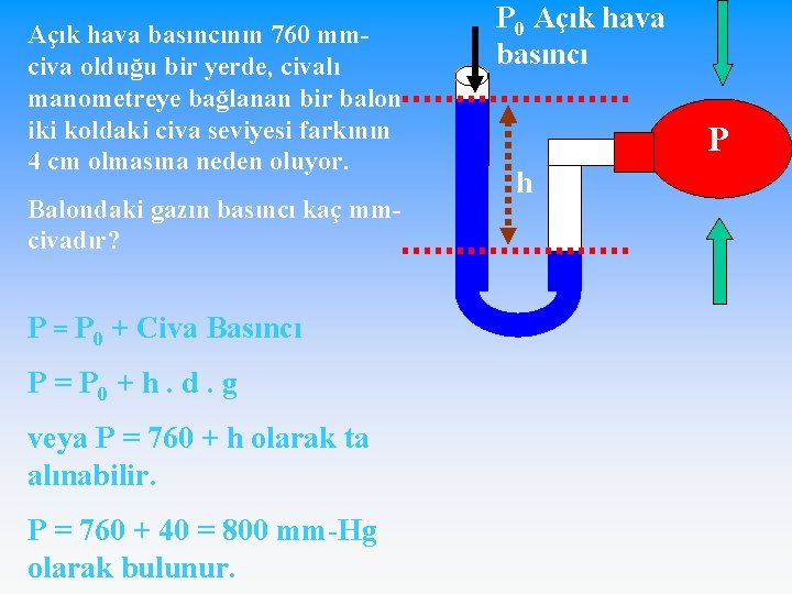Açık hava basıncının 760 mmciva olduğu bir yerde, civalı manometreye bağlanan bir balon iki