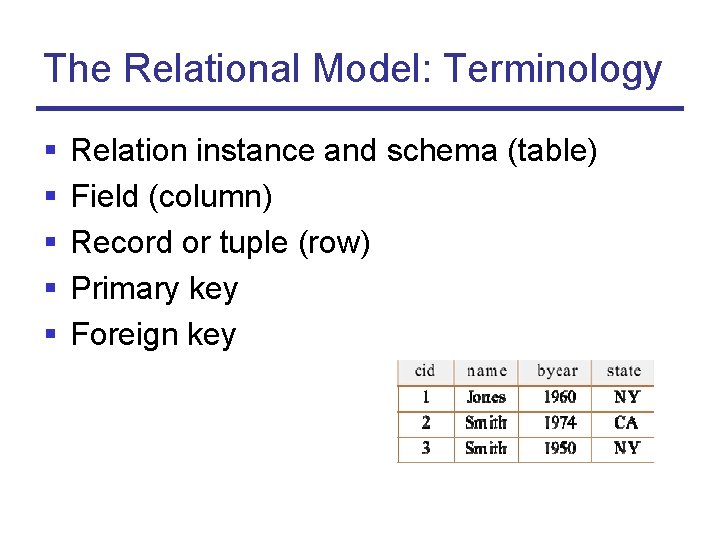 The Relational Model: Terminology § § § Relation instance and schema (table) Field (column)