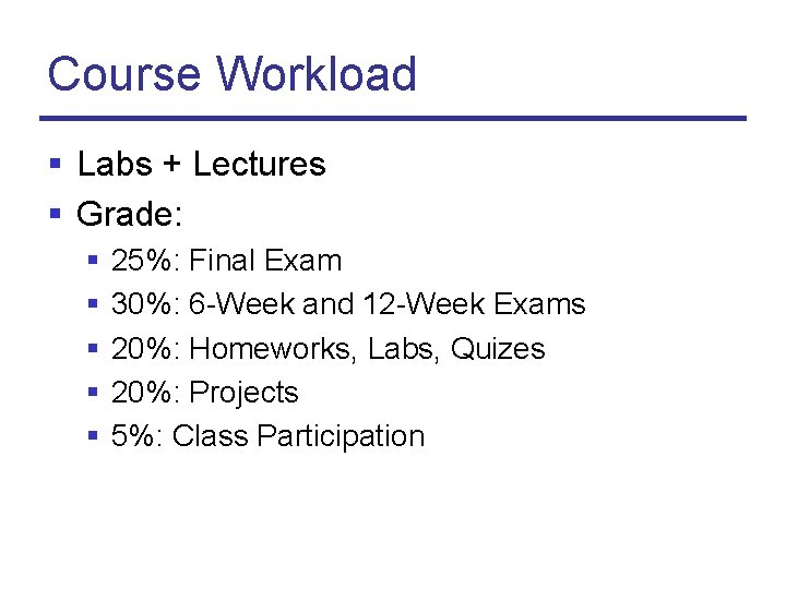 Course Workload § Labs + Lectures § Grade: § § § 25%: Final Exam