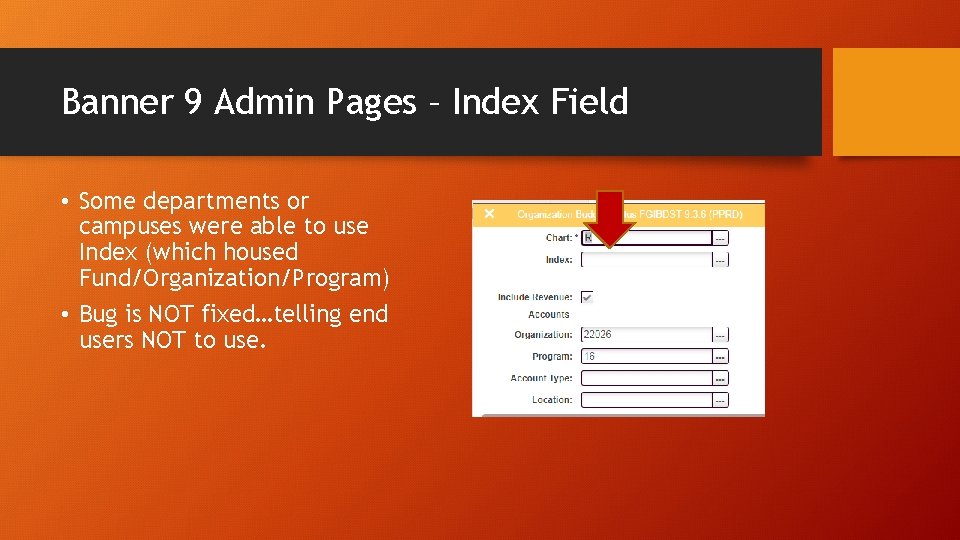 Banner 9 Admin Pages – Index Field • Some departments or campuses were able