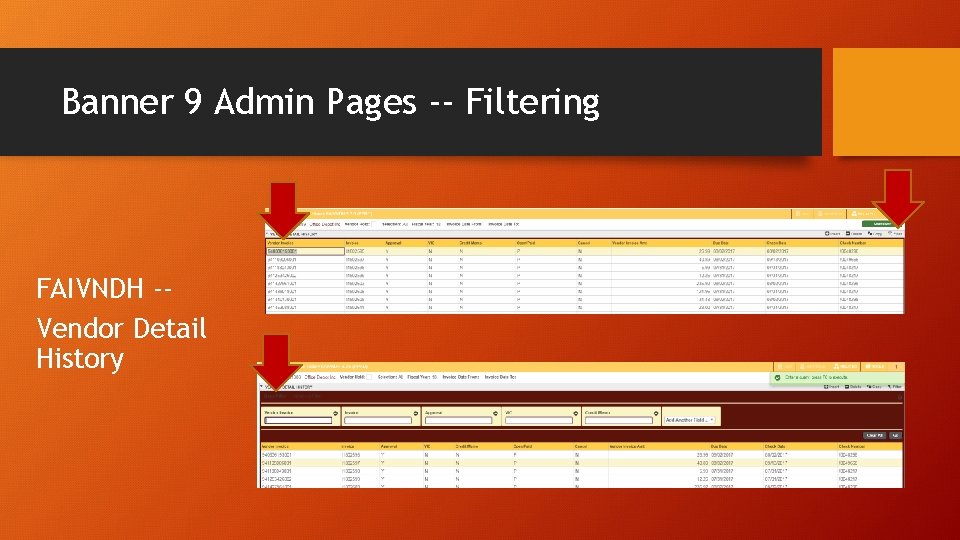 Banner 9 Admin Pages -- Filtering FAIVNDH -Vendor Detail History 