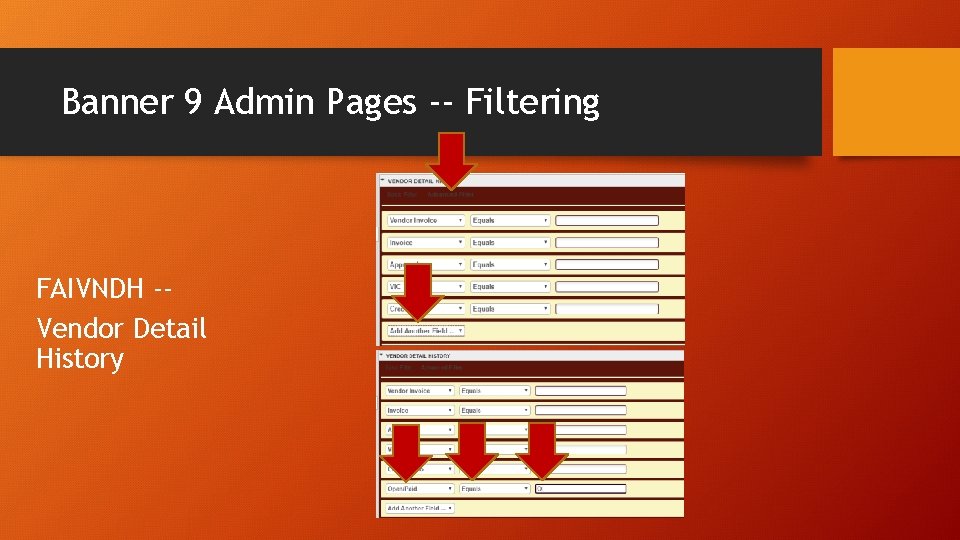 Banner 9 Admin Pages -- Filtering FAIVNDH -Vendor Detail History 