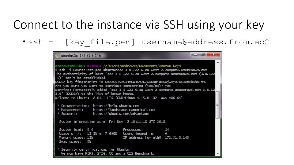 Connect to the instance via SSH using your key • ssh -i [key_file. pem]