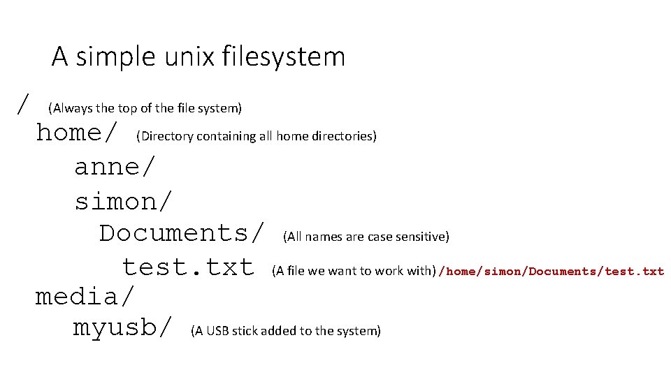 A simple unix filesystem / (Always the top of the file system) home/ (Directory