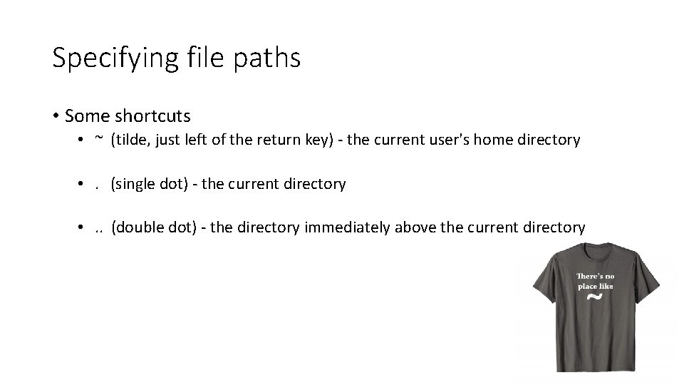 Specifying file paths • Some shortcuts • ~ (tilde, just left of the return