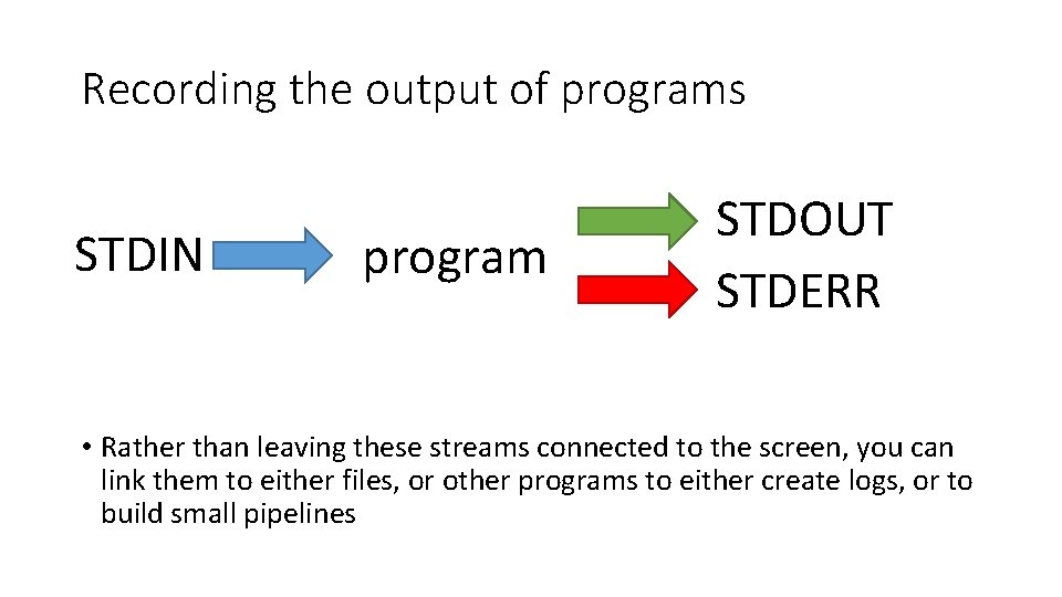 Recording the output of programs STDIN program STDOUT STDERR • Rather than leaving these