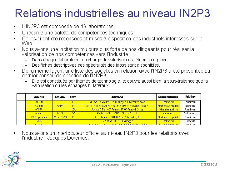 Relations industrielles au niveau IN 2 P 3 • • L’IN 2 P 3