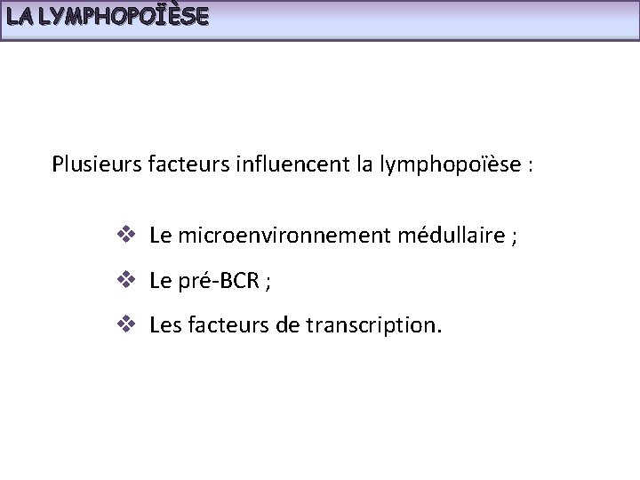 LA LYMPHOPOÏÈSE Plusieurs facteurs influencent la lymphopoïèse : v Le microenvironnement médullaire ; v