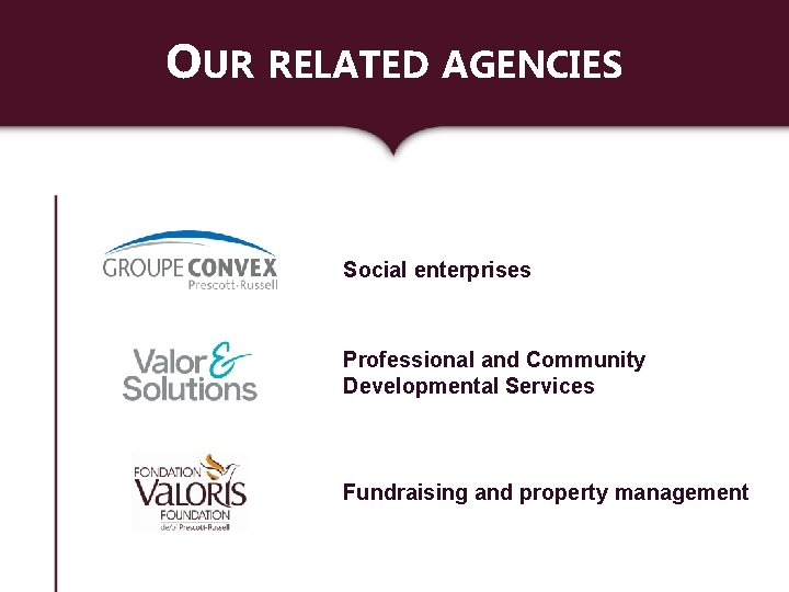 OUR RELATED AGENCIES Social enterprises Professional and Community Developmental Services Fundraising and property management