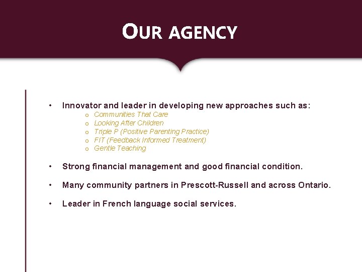 OUR AGENCY • Innovator and leader in developing new approaches such as: o o