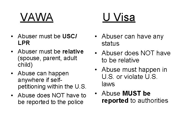 VAWA • Abuser must be USC/ LPR • Abuser must be relative (spouse, parent,