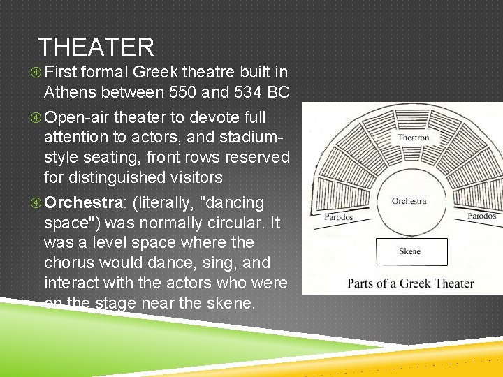 THEATER First formal Greek theatre built in Athens between 550 and 534 BC Open-air