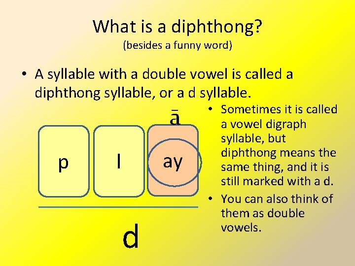 What is a diphthong? (besides a funny word) • A syllable with a double