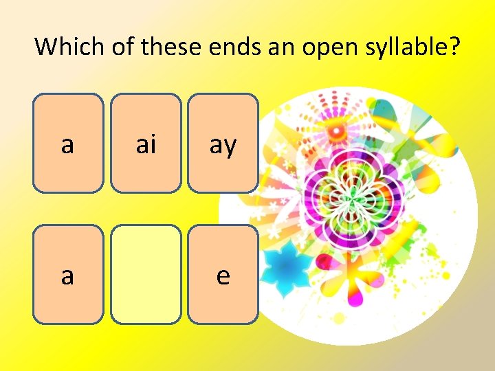 Which of these ends an open syllable? a a ai ay e 