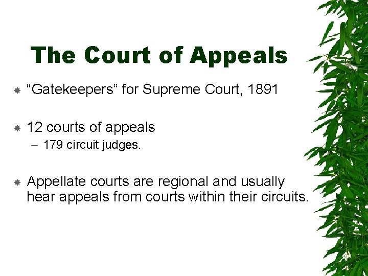 The Court of Appeals “Gatekeepers” for Supreme Court, 1891 12 courts of appeals –