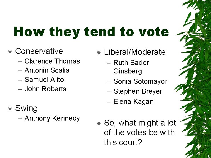 How they tend to vote Conservative – – Clarence Thomas Antonin Scalia Samuel Alito