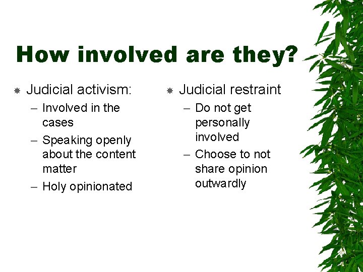 How involved are they? Judicial activism: – Involved in the cases – Speaking openly