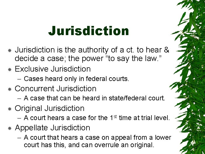 Jurisdiction is the authority of a ct. to hear & decide a case; the